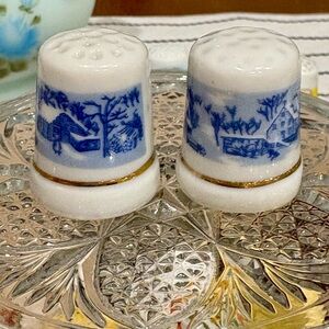 Pair of Vintage Blue & White Winter Scene Thimbles; Possible Courier & Ives?